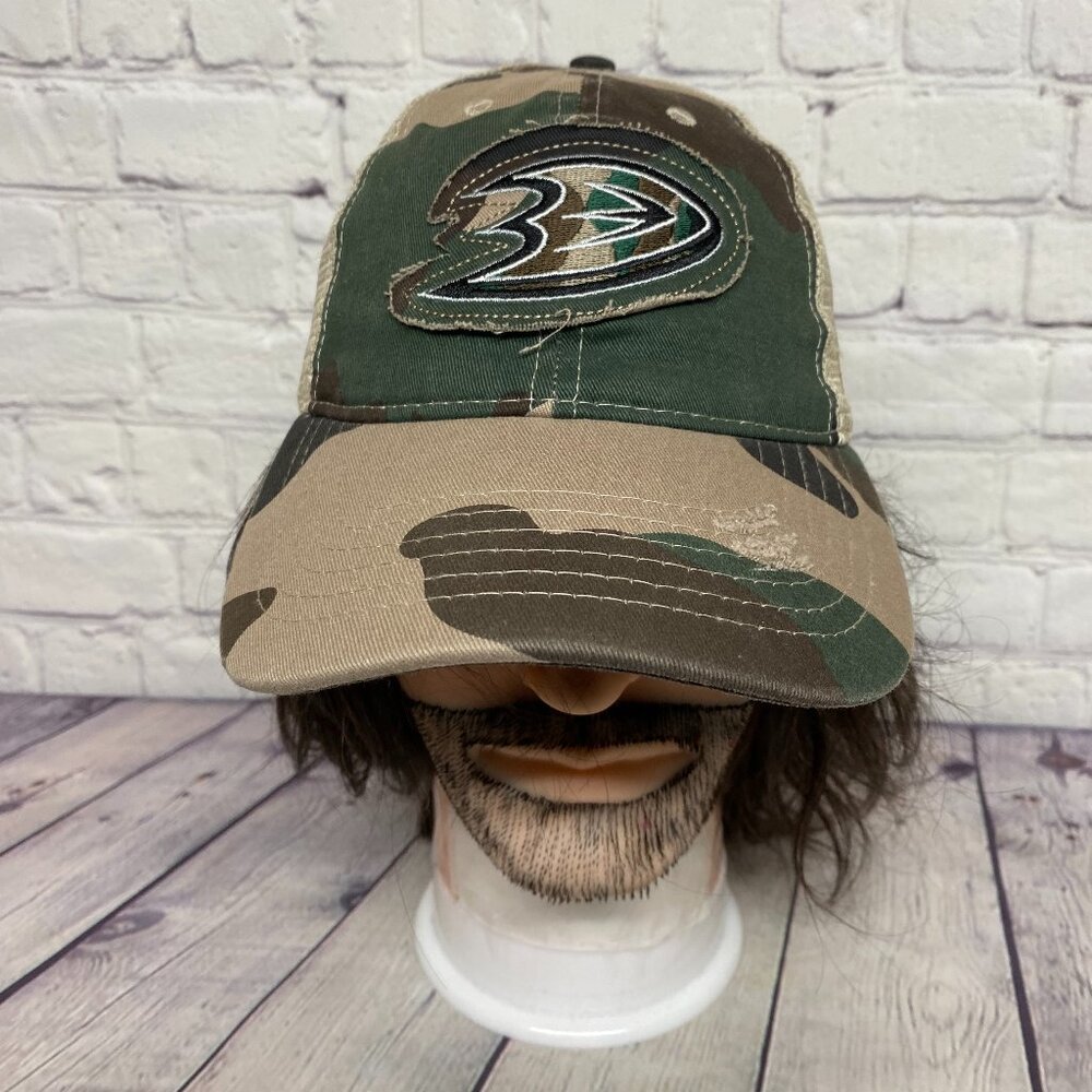 Camo Trucker Hat Distressed Cap Mesh Anaheim Ducks Patch Pacific Premier Item#1